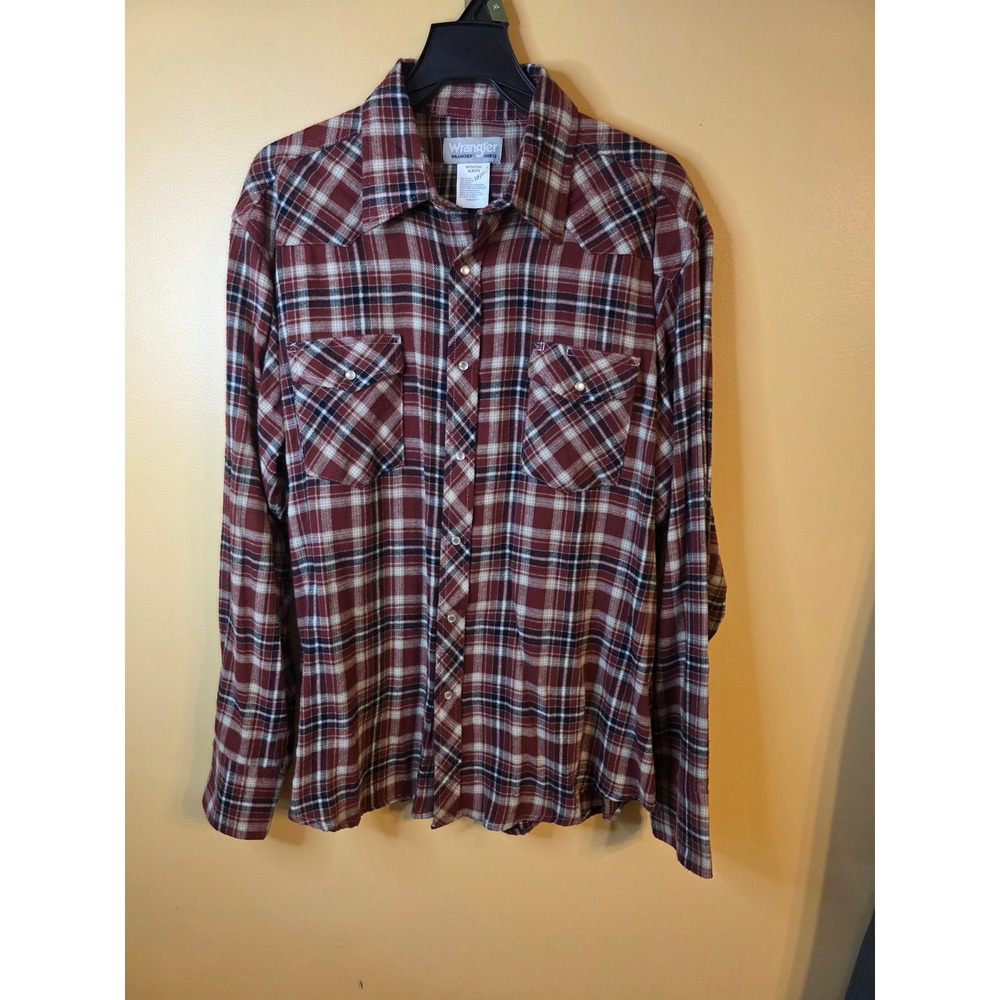 Wrangler Wrancher Mens XL Red Plaid Pearl Snap Western Shirt MTSC035 Long Sleeve